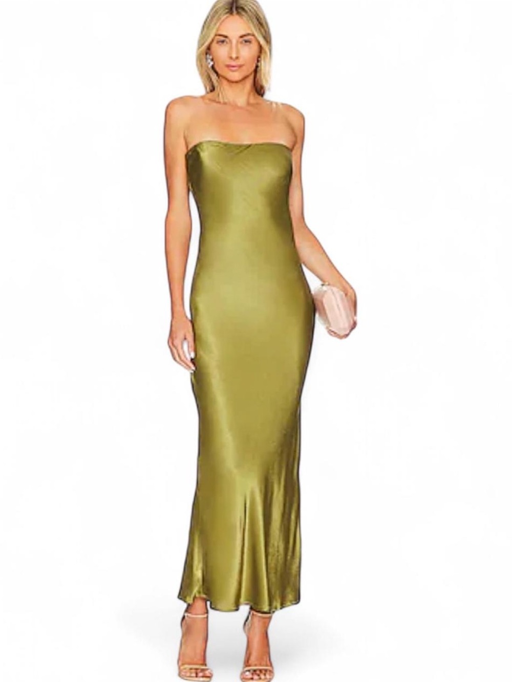 SNDYS Olive Satin Strapless Column Dress